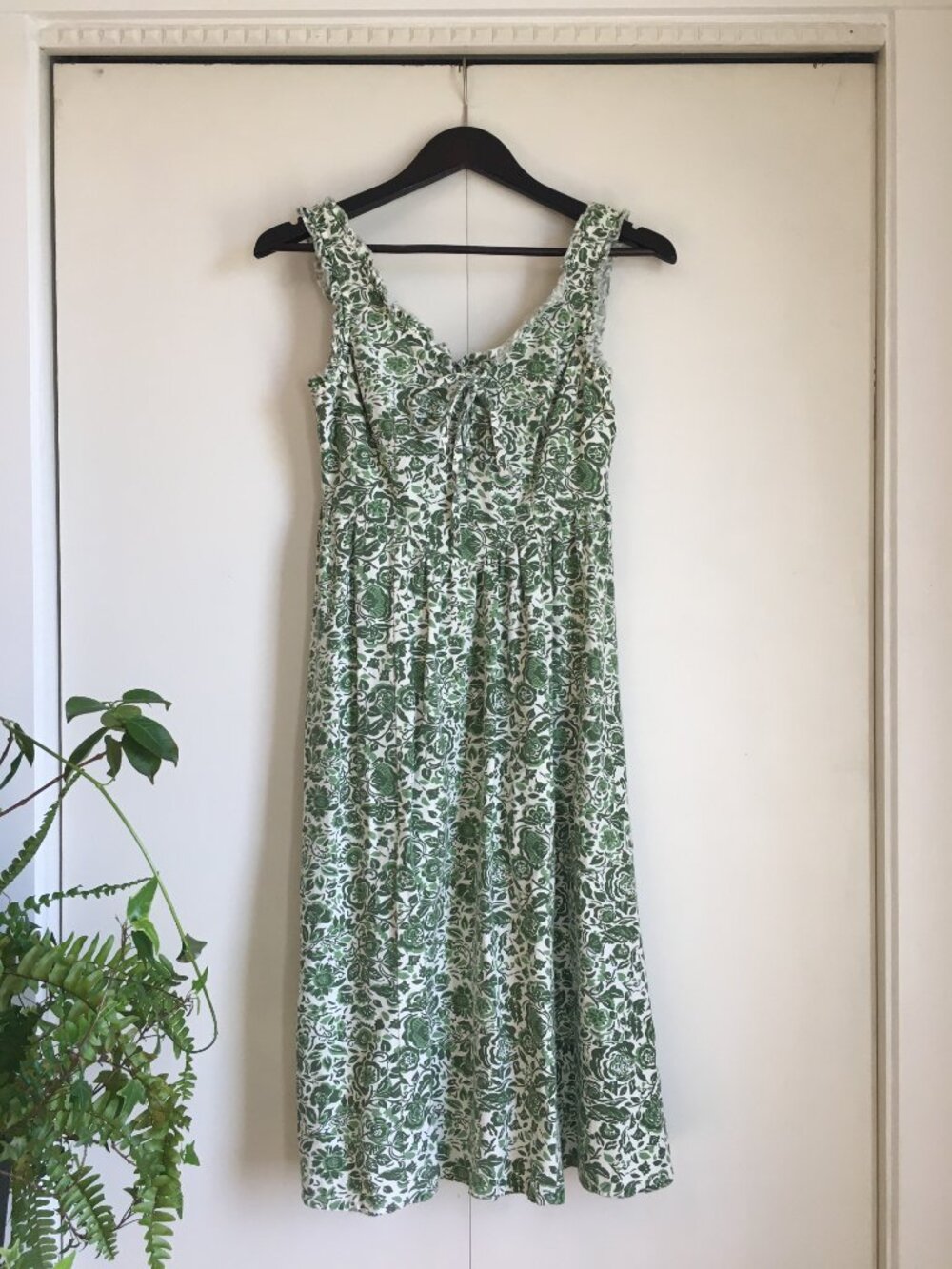 Vintage Y2K Cotton Linen Floral Tie Front High Yoke Dress - S 🧚‍♀️